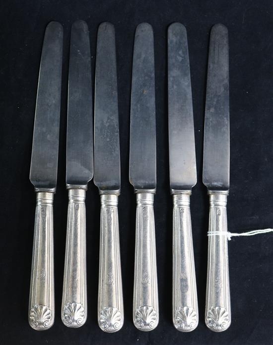 A set of six George IV silver handled thread and shell pattern table knives.